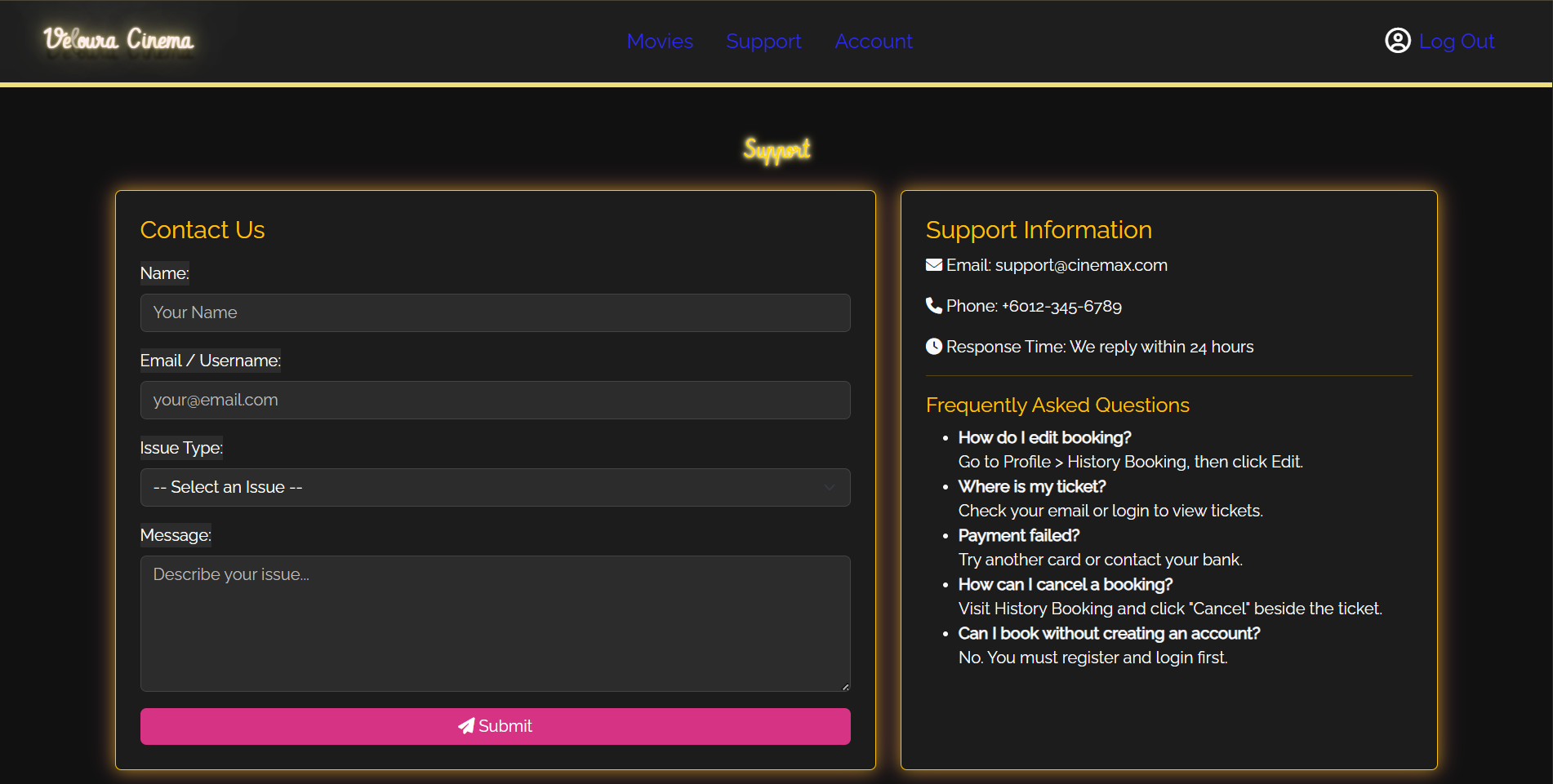 Veloura Cinema Support Page